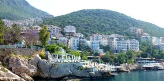 Resorts of Turkey: Kas - sea, mountains and Lycian sketch.