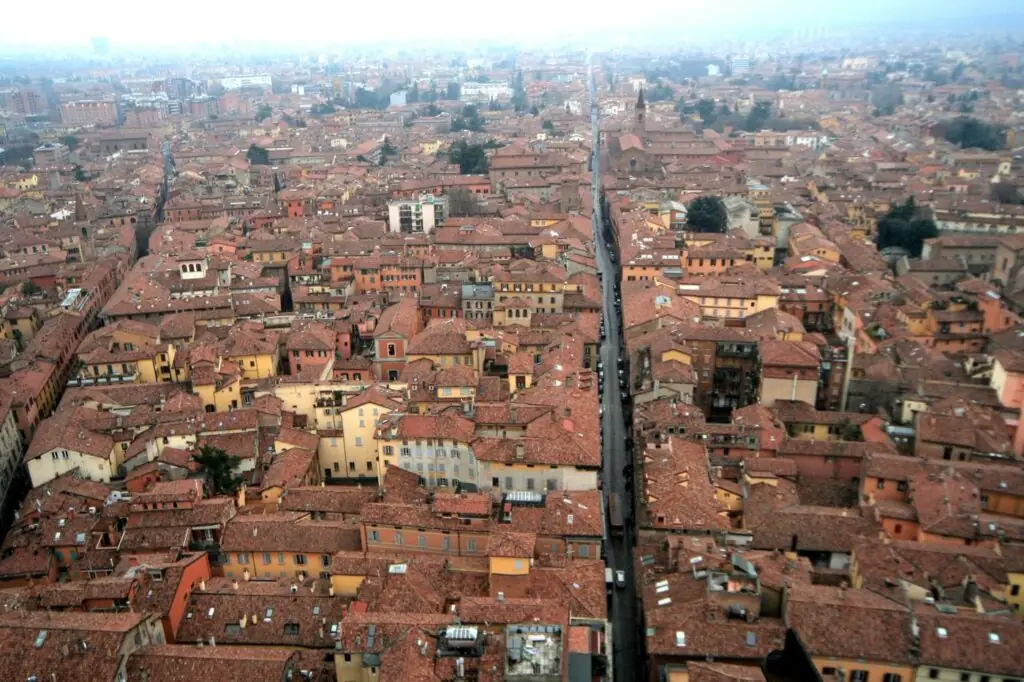 Bologna's terracotta rooftops seen from above