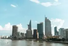 The District 1 skyline and Bitexco tower on the Saigon River