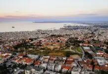Thessaloniki's rooftops, Byzantine walls and the Thermaic Gulf from above
