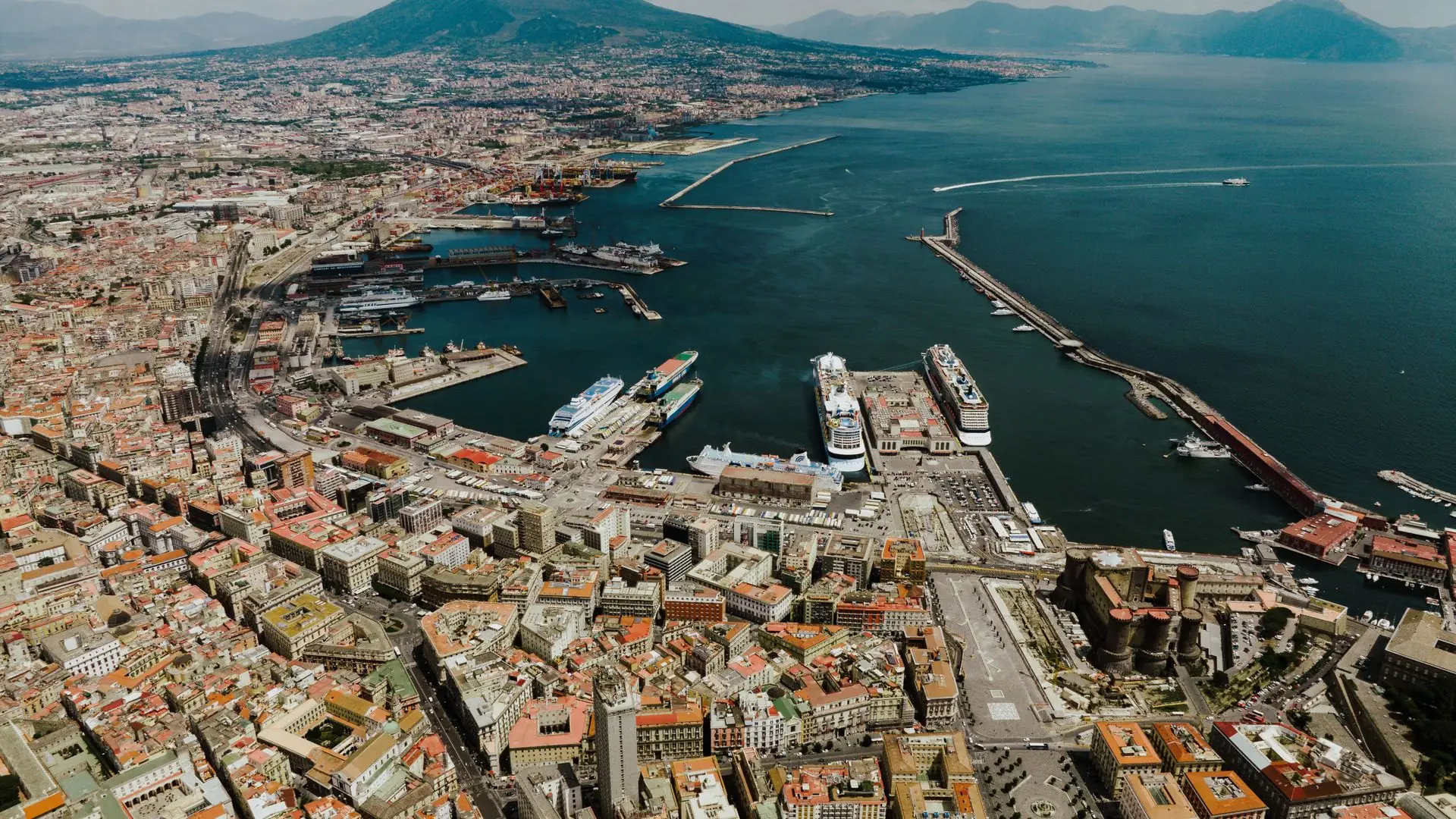 Aerial view of Naples harbor with Mount Vesuvius