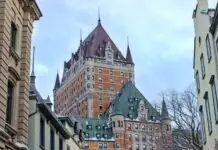 Chateau Frontenac above the snowy streets of Old Quebec