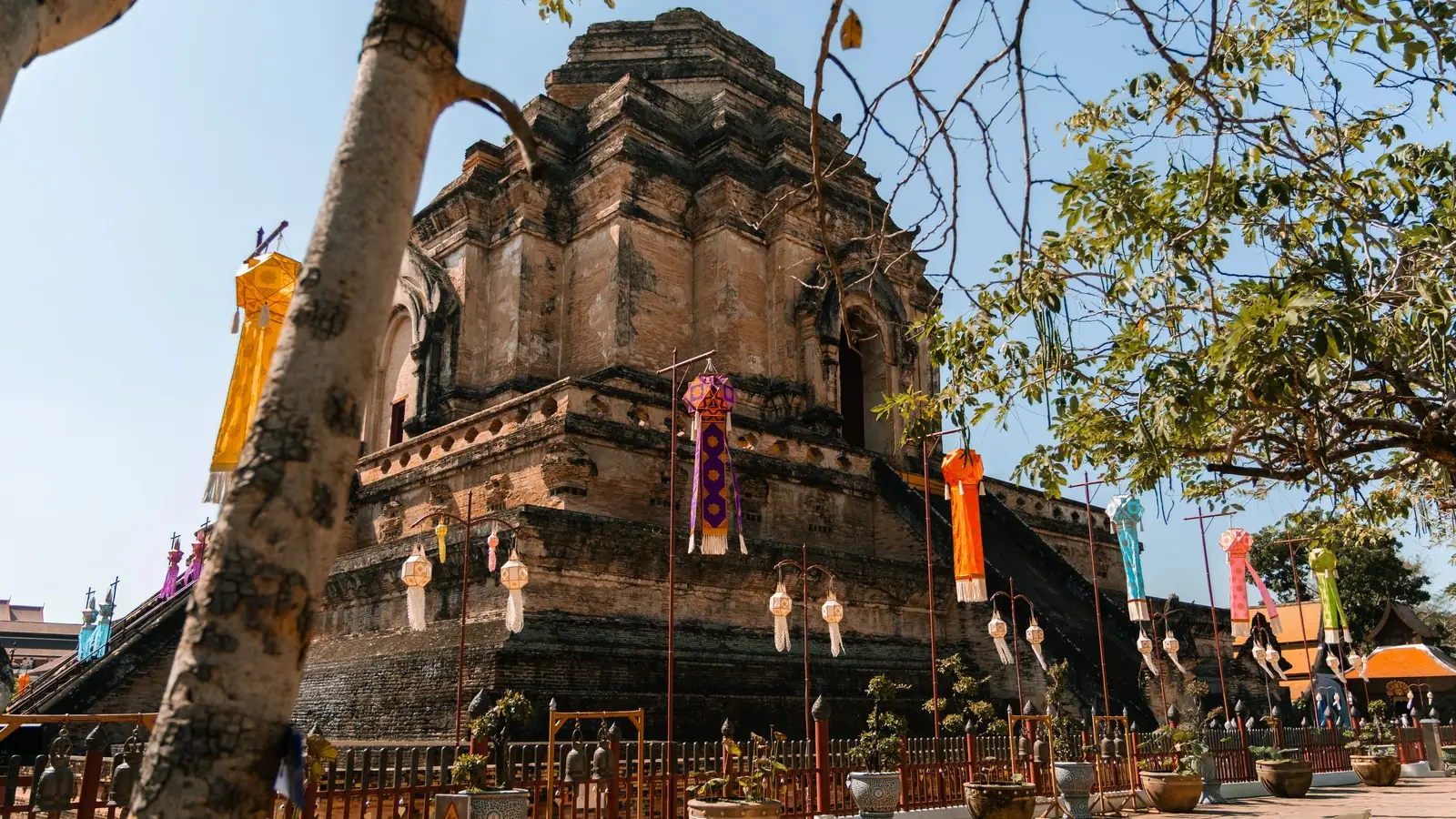 The brick chedi of Wat Chedi Luang decorated with Lanna lanterns, Chiang Mai