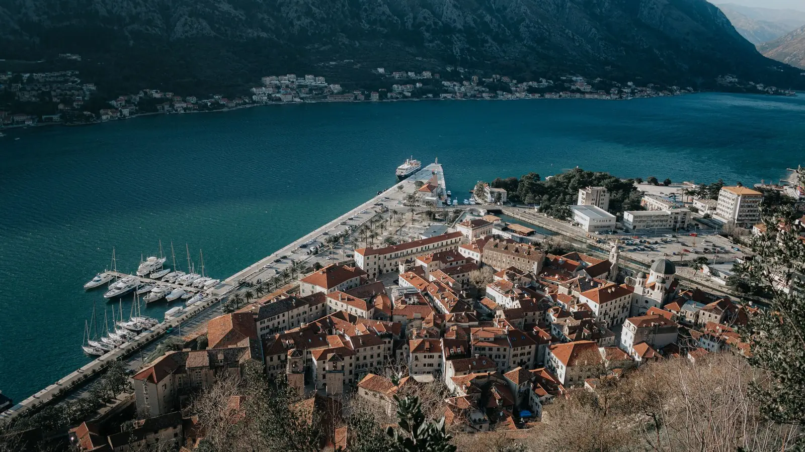 The old town of Kotor and the bay seen from the fortress walls