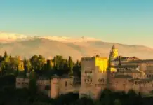 The Alhambra with the snow-capped Sierra Nevada behind it, Granada