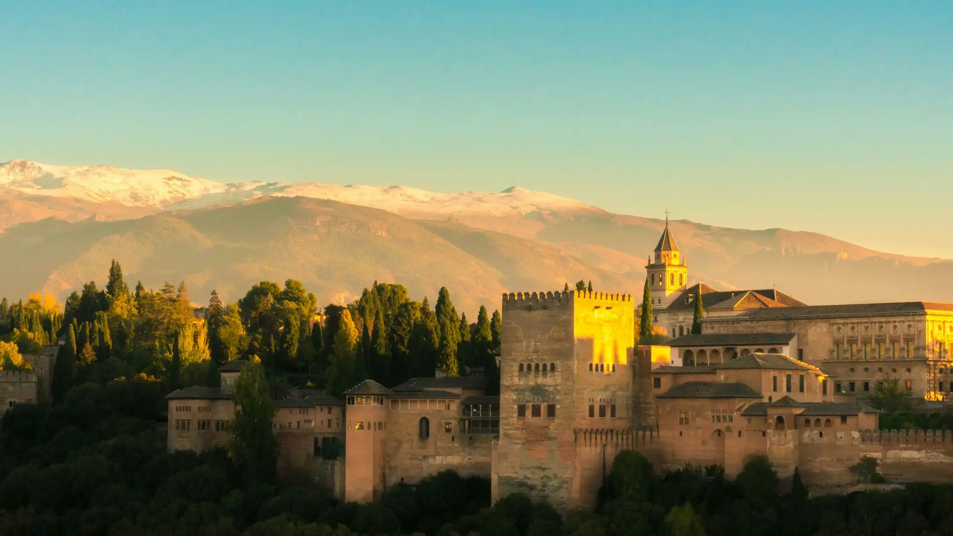 The Alhambra with the snow-capped Sierra Nevada behind it, Granada
