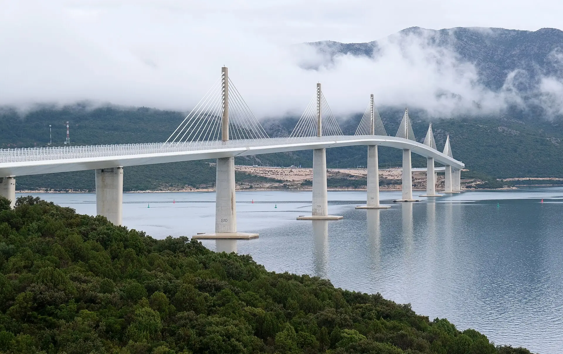 The cable-stayed Pelješac Bridge crossing the bay at Komarna