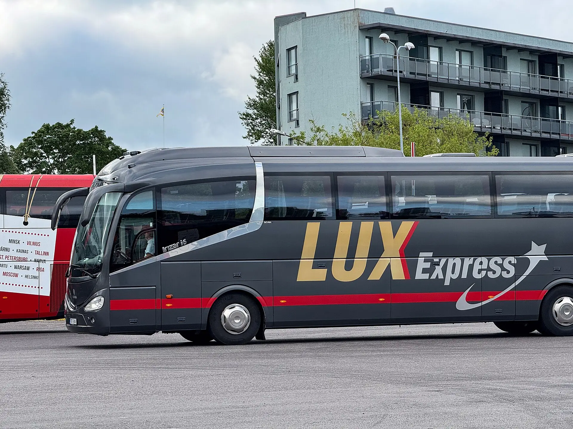 Lux Express intercity coach at a Baltic bus station