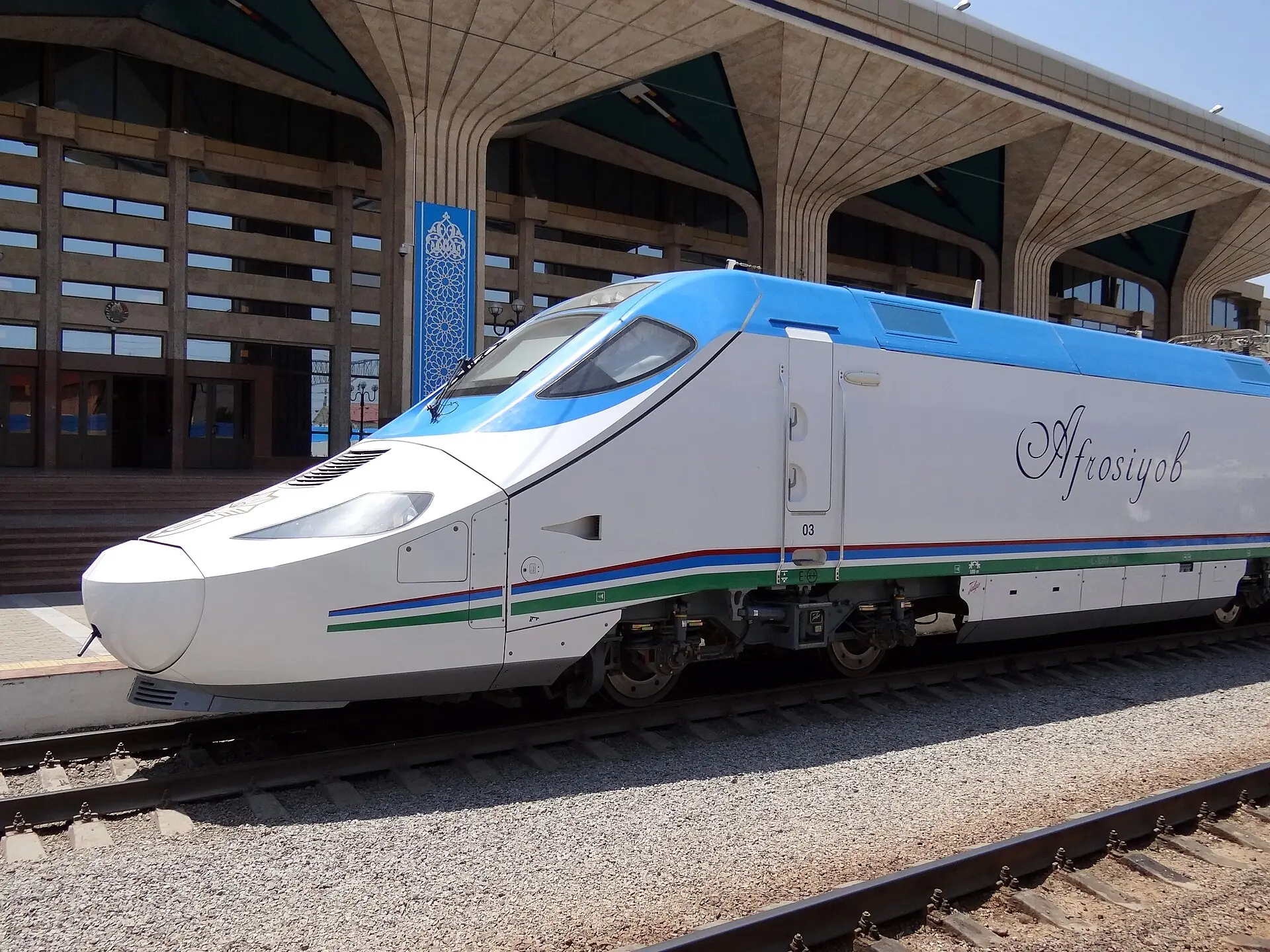 Afrosiyob Talgo high-speed train at a station platform in Uzbekistan