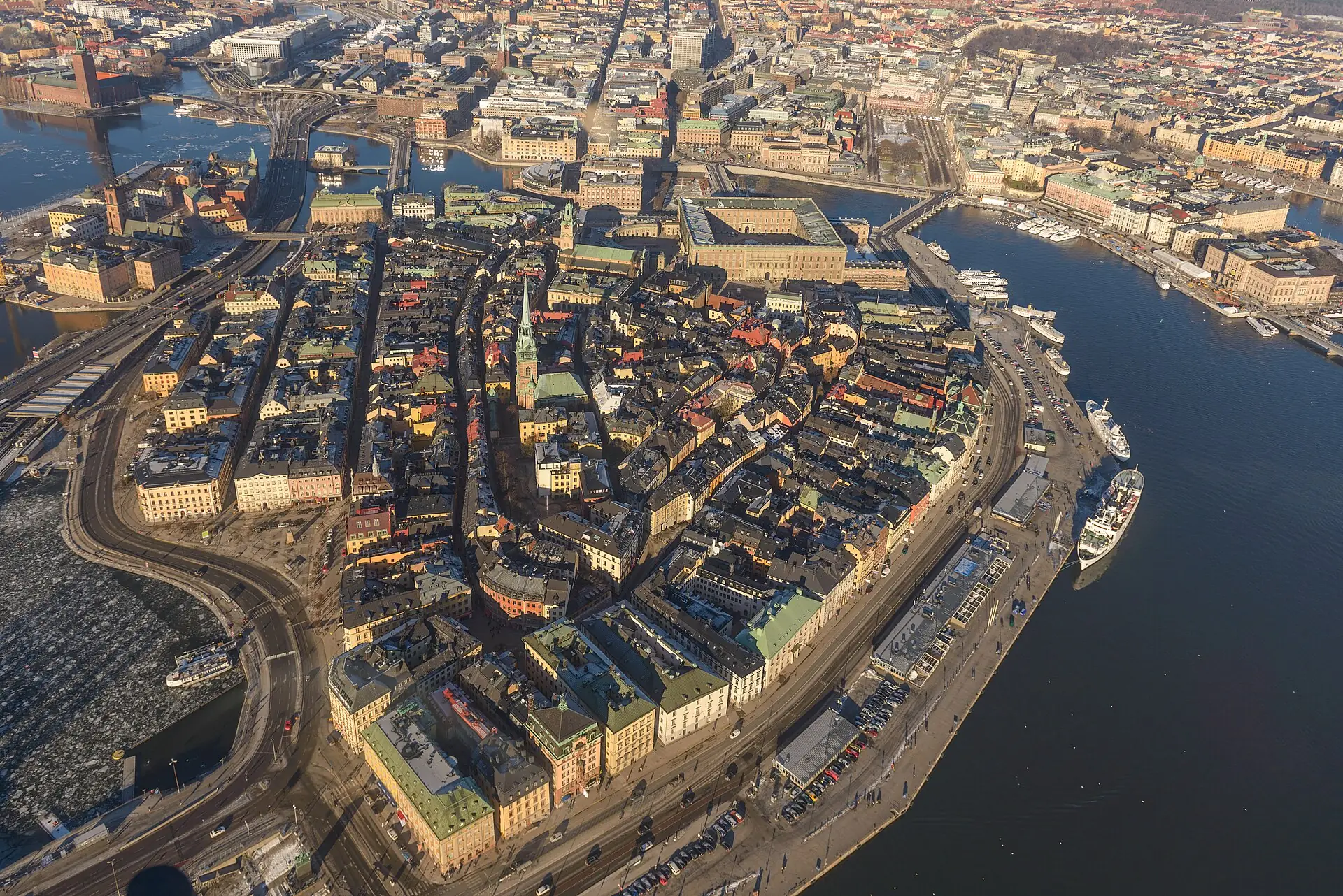 Gamla Stan and central Stockholm under snow, seen from above