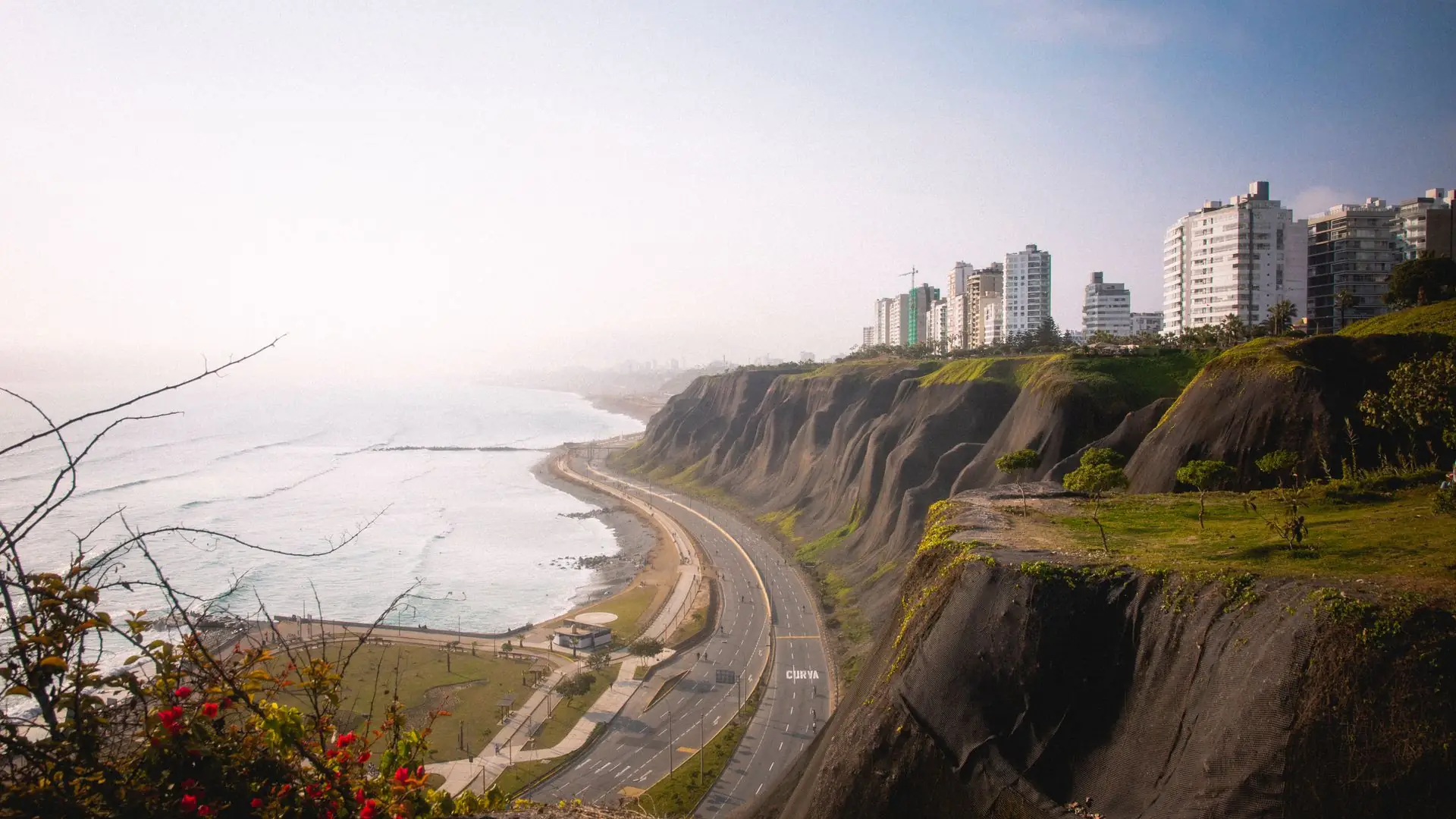 The Miraflores clifftops and the Costa Verde highway curving along the Pacific in Lima