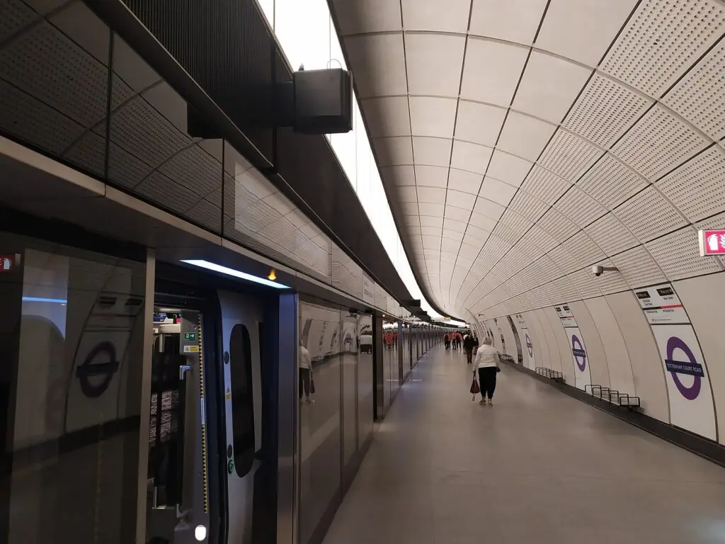 An Elizabeth Line train at the Tottenham Court Road platform in London