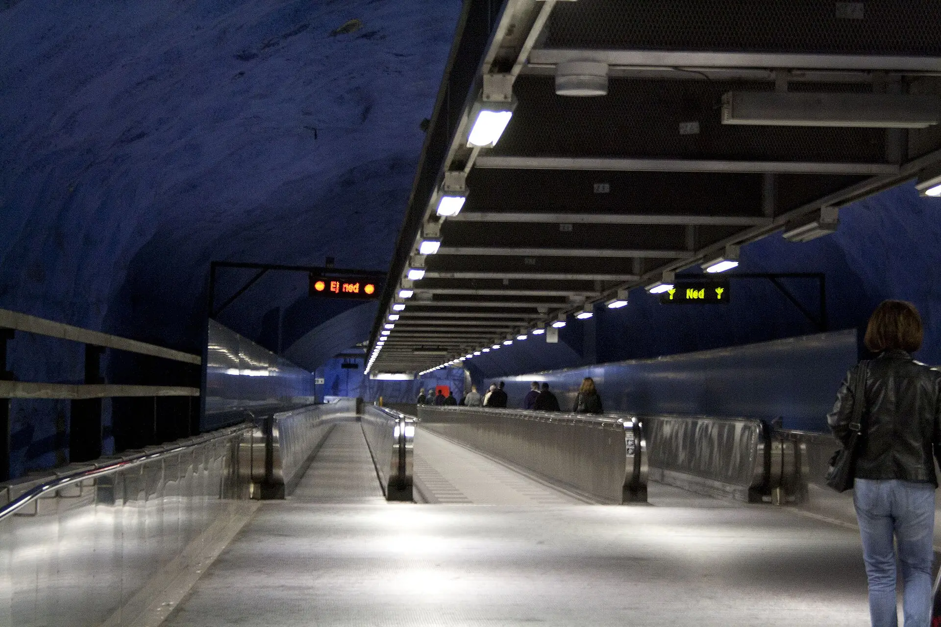 Blue-painted bedrock passage in the Stockholm metro