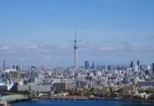 Tokyo skyline with the Skytree above the Sumida river on a clear day