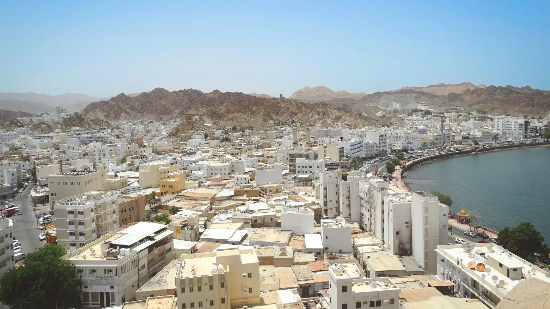 Aerial view of Muscat coastal city against arid mountains